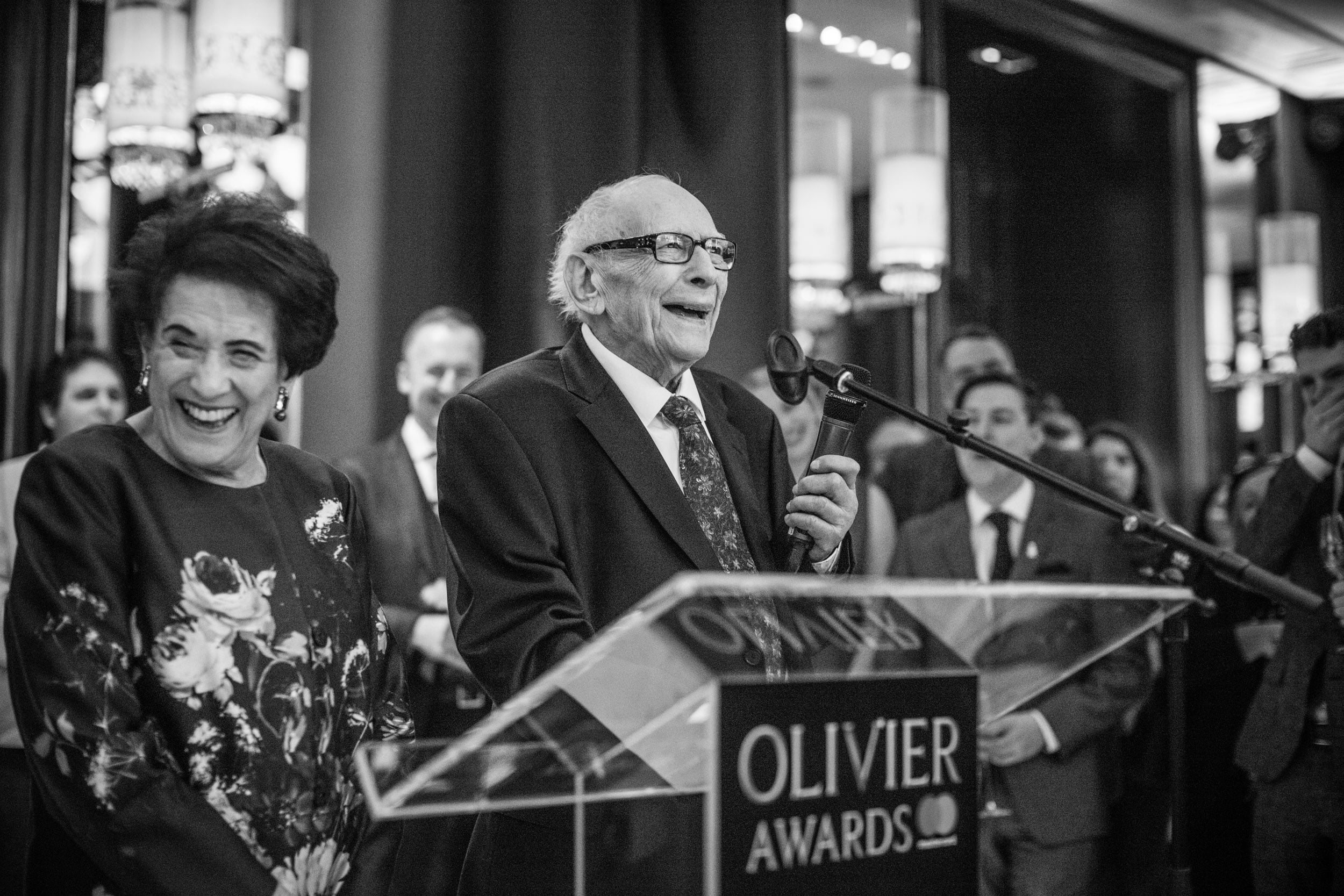 Lilian and Victor Hochhauser receiving the Special Recognition Award at the Olivier Awards 2017 